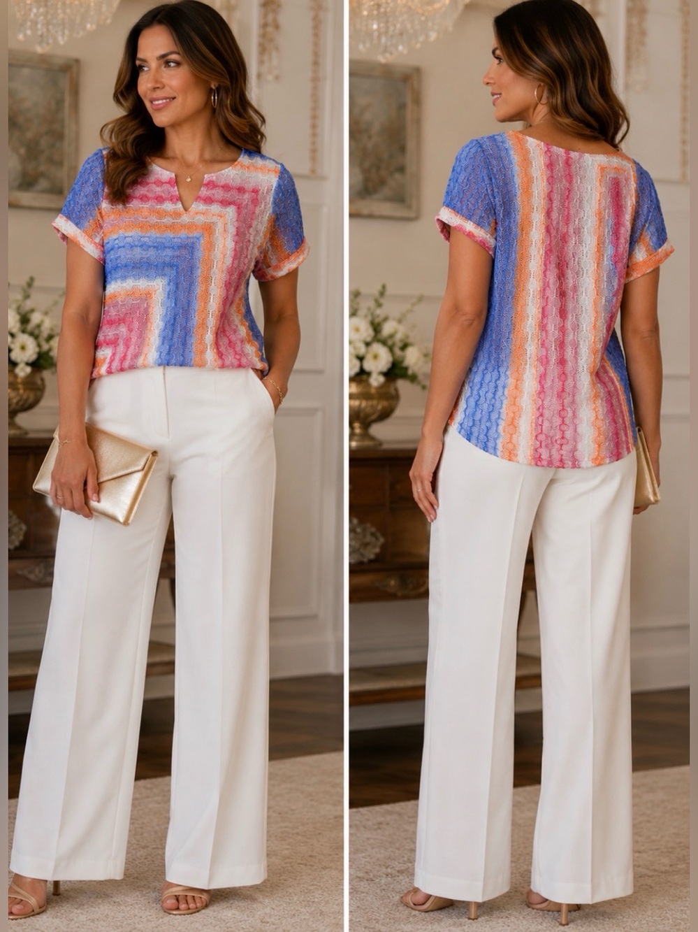 Alfred Dunner Multicolor Chevron Short Sleeve Top in Blue, Pink, Orange & Cream - Picture 1 of 6